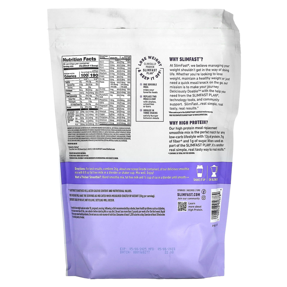 SlimFast, протеиновая смесь для смузи, заменяющая прием пищи, со вкусом шоколада, 676 г (1,49 фунта)