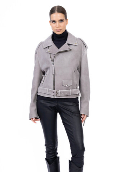Женская светло-серая кожаная куртка-косуха