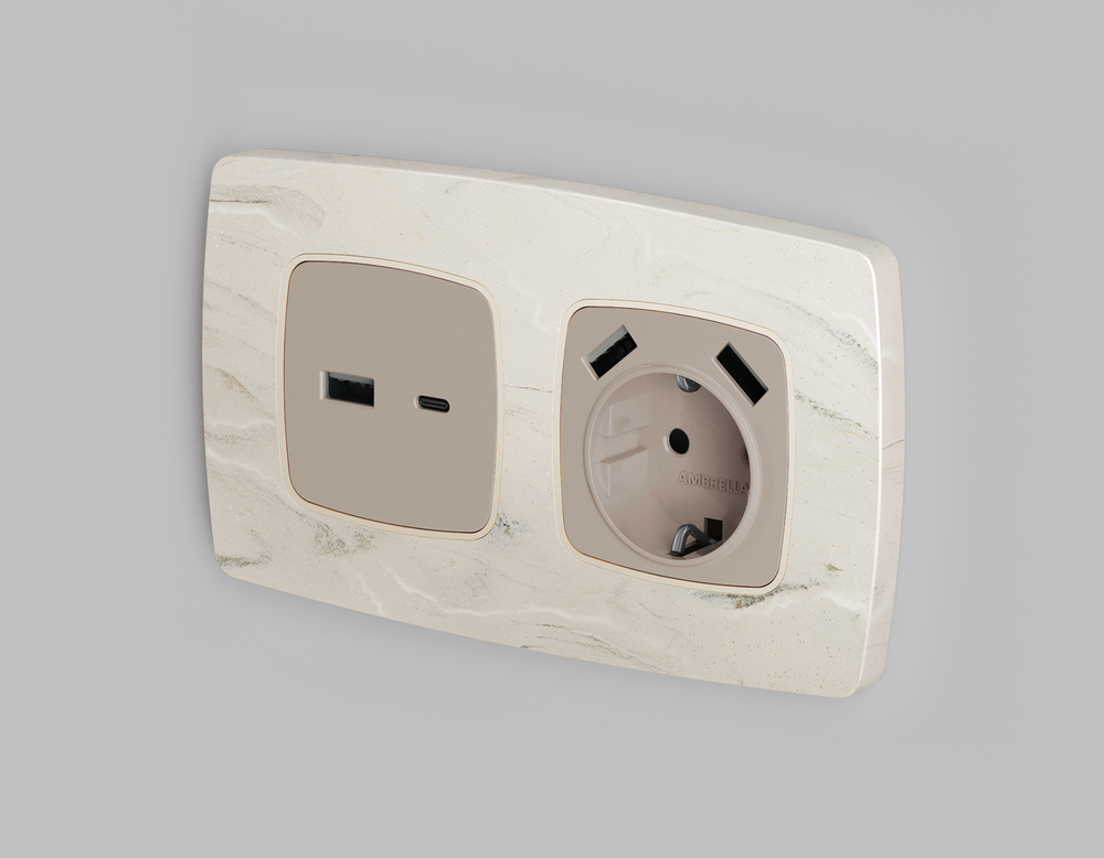 MO371010 Комплект механизма розетки OMEGA Серо-бежевый матовый 2USB A+C 20W (быстрая зарядка) QUANT (OP3710, VM177)