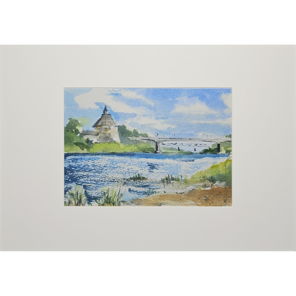 Картина авторская акварельная в паспарту 21х30 см на стену для интерьера "Покровская башня Пскова"