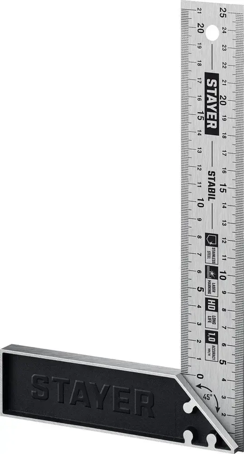 Профессиональный угольник с нержавеющим полотном, 250 мм // STAYER STABIL Professional