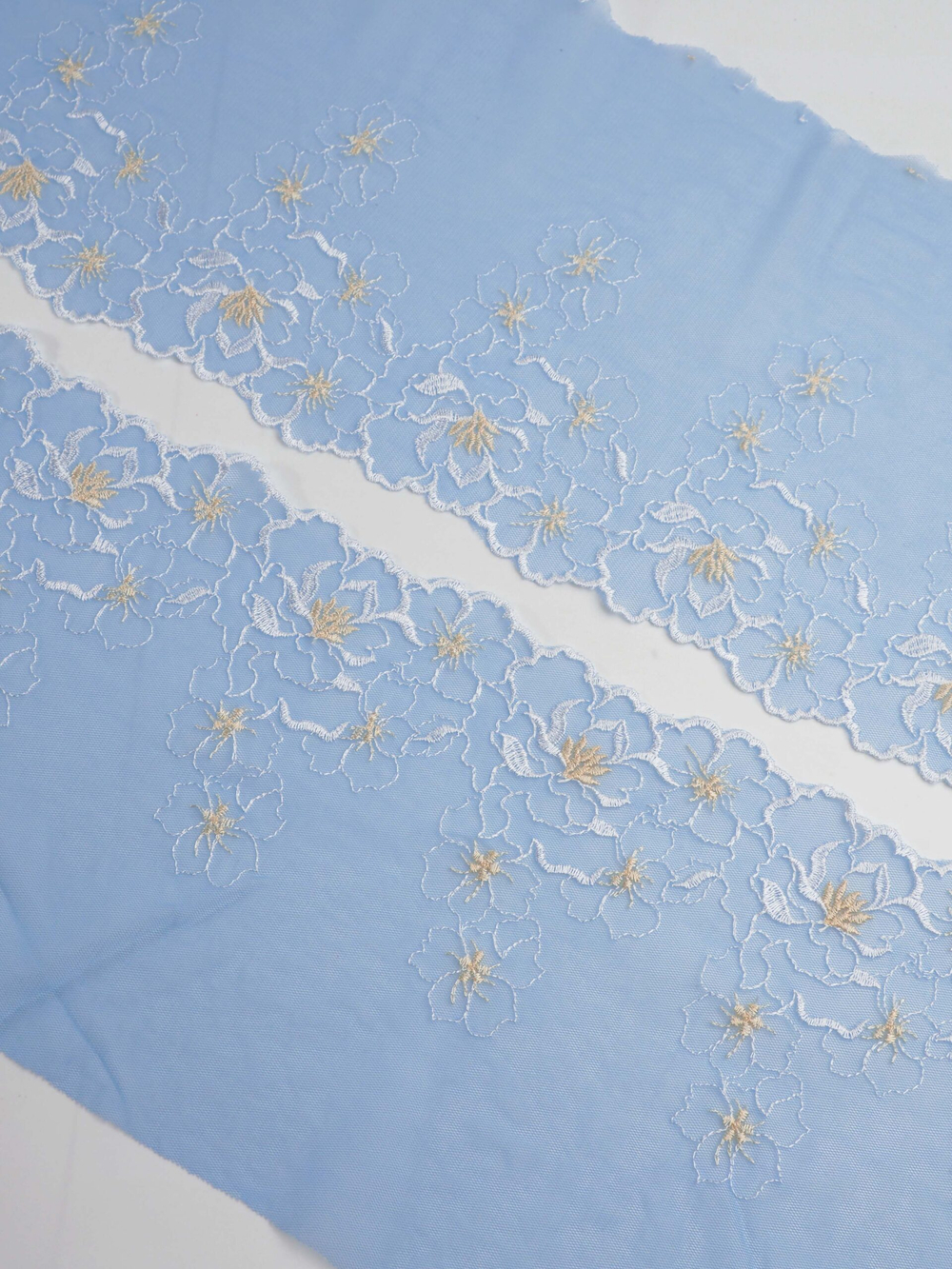 Вышивка на сетке голубая с белым и желтым неэластичная ширина 18 см (2 стороны)