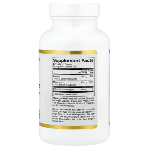 California Gold Nutrition, N-ацетил-L-цистеин с молибденом и селеном, 120 растительных капсул