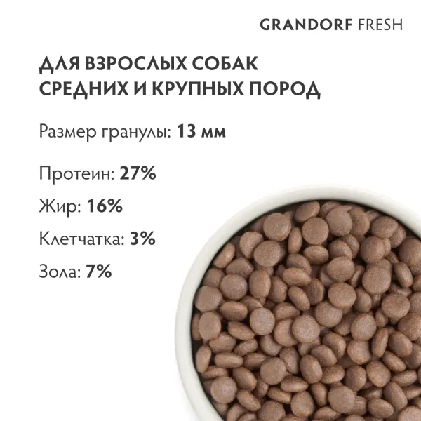Уценка! Срок 16.03 / Сухой корм GRANDORF Fresh Dog Adult Med&Maxi Turkey&Sweet Potato для собак средних и крупных пород из свежего мяса индейки с бататом