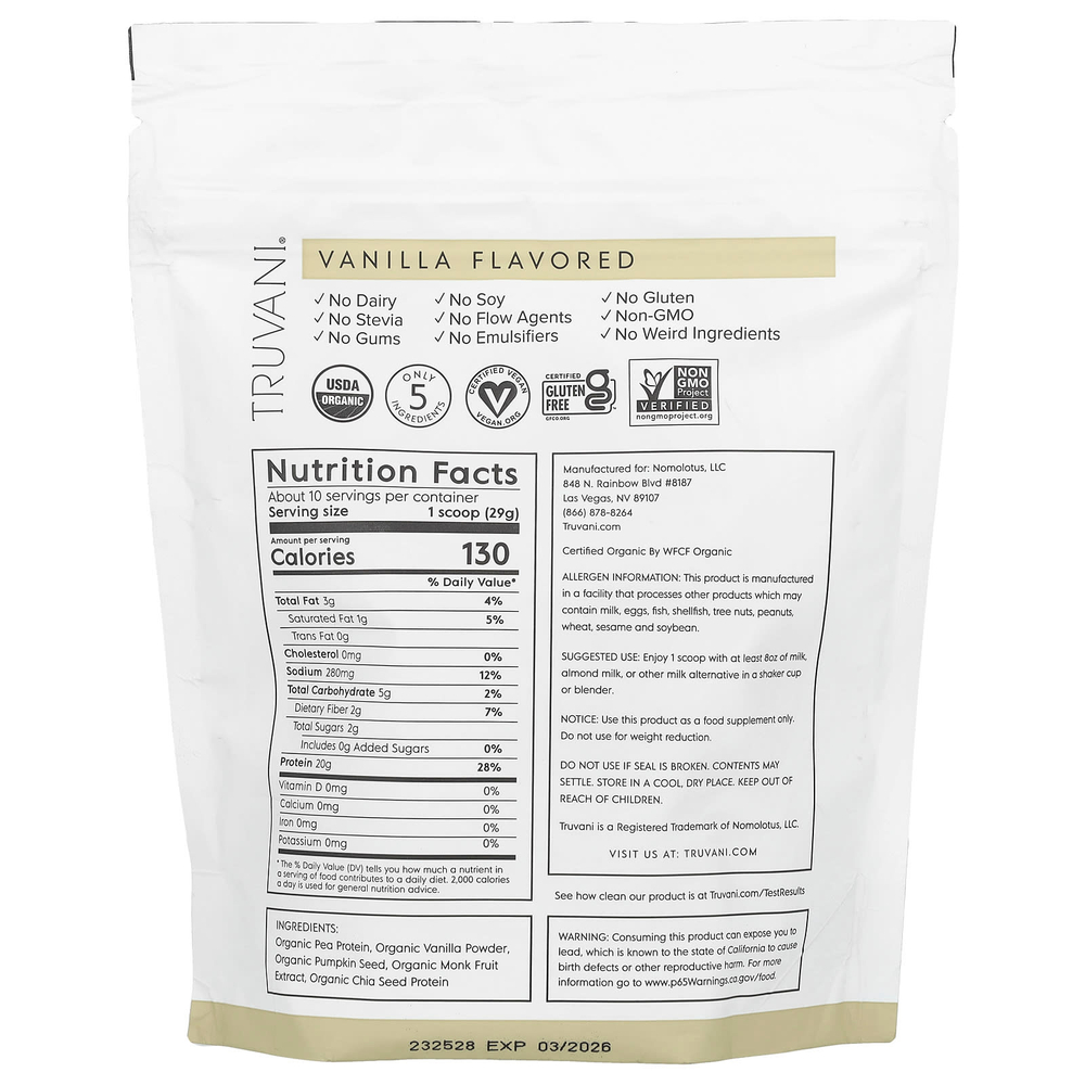 Truvani, Растительный протеин, ваниль, 297 г (0,65 фунта)