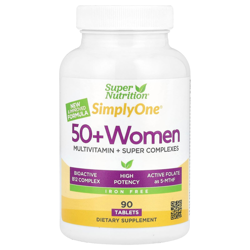 Super Nutrition, SimplyOne®, мультивитамины и суперкомплексы для женщин старше 50 лет, с витаминами A и C, минералами и растительными компонентами, без железа, 90 таблеток