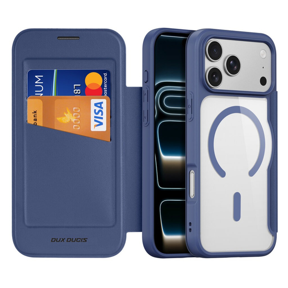 Чехол книжка синего цвета с MagSafe от Dux Ducis для смартфона iPhone 17 Pro Max, серия Skin X Pro Series Case