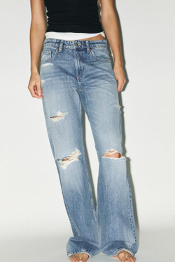 ZARA ДЖИНСЫ РВАНЫЕ TRF СО СРЕДНЕЙ ТАЛИЕЙ, СИНИЙ