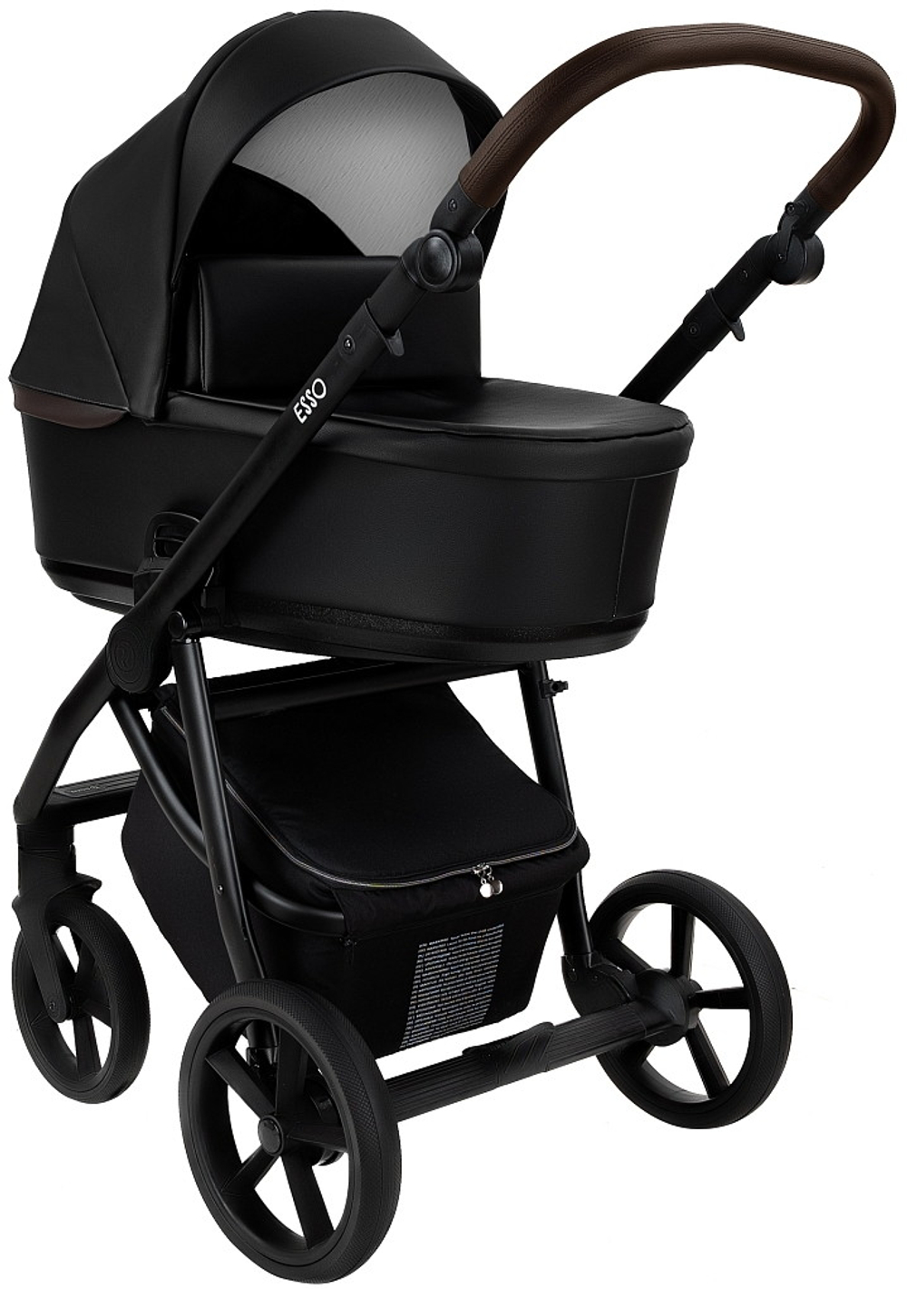 Детская коляска Roan Esso Кожа 3 в 1 с автокреслом Pituso Santiso Pro ESSK/210/1 Black /Black/руч.Тем.коричневый