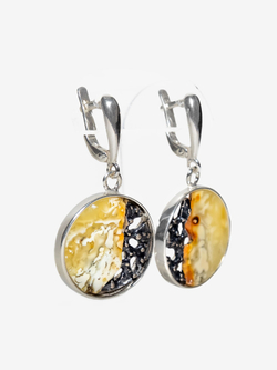 Уникальный серебряный комплект с цельным пейзажным янтарем, серебро 925 пробы