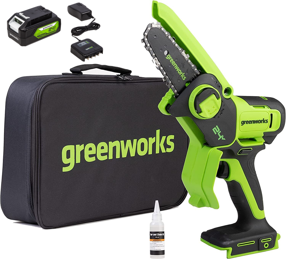 Цепная мини пила аккумуляторная Greenworks G24MCS10 Арт. 2008207, 24V, 10см, c АКБ 2 А·ч и ЗУ в сумке