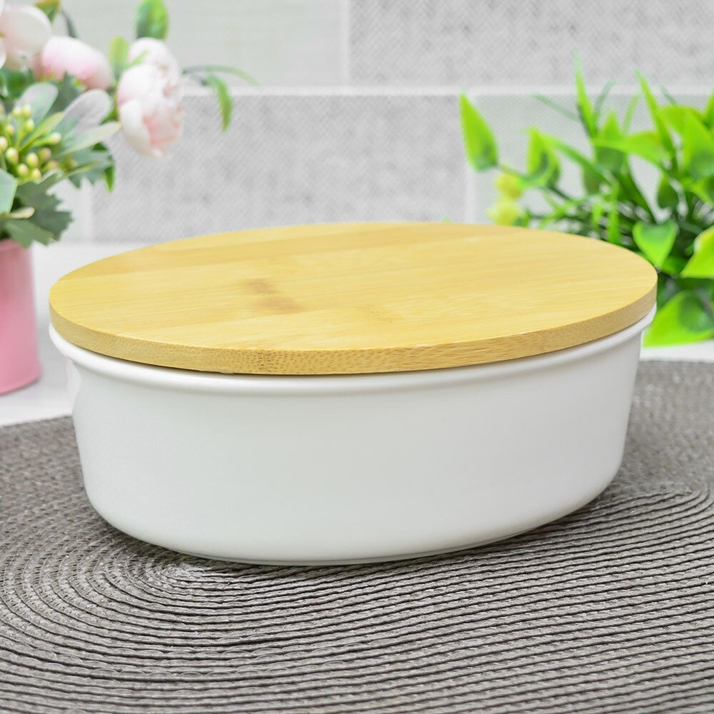 Блюдо для запекания 19см овальное с бамбуковой крышкой, фарфор