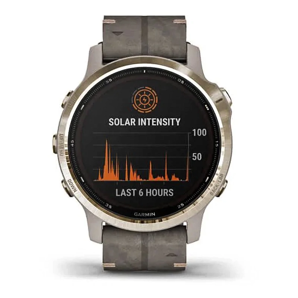 Спортивные наручные часы Garmin Fenix 6s Pro Solar золотистый с серым замшевым ремешком 010-02409-26