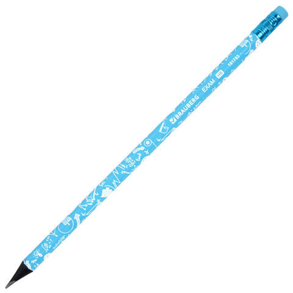 Карандаш чернографитный BRAUBERG "EXAM", 1 шт., HB, с ластиком, корпус ассорти, 181753