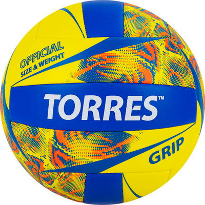 Мяч волейбольный TORRES Grip Y, V32185, р.5, синт.кожа (ТПУ), маш. сшивка, бут.камера,желто-синий