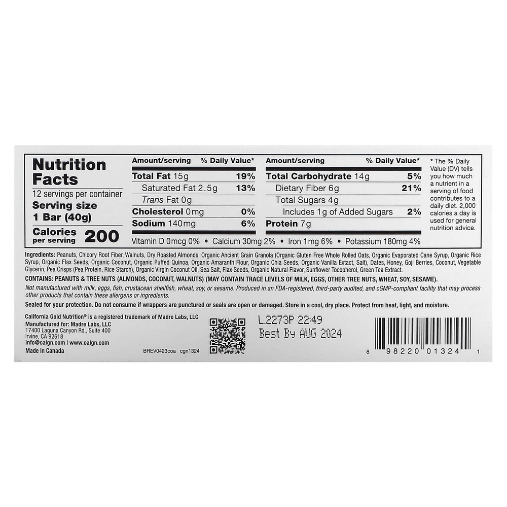 California Gold Nutrition, Foods, жевательные батончики-мюсли с кокосом и миндалем, 12 батончиков по 40 г (1,4 унции)