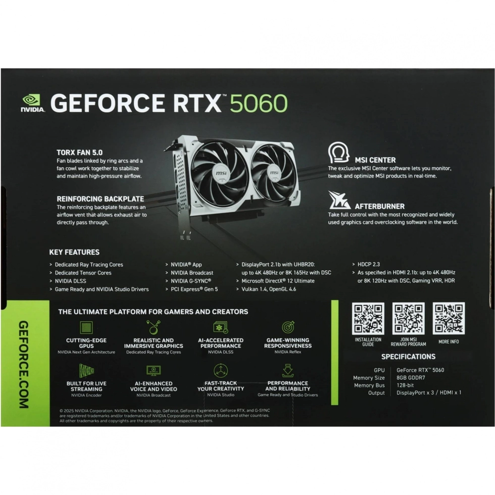 Видеокарта MSI RTX5060 VENTUS 2X OC 8GB GDDR7 (RTX 5060 8G VENTUS 2X OC)