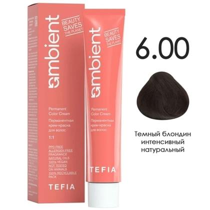 Tefia Ambient Перманентная крем-краска для волос, цвет 6.00 Темный блондин интенсивный натуральный, 60 мл