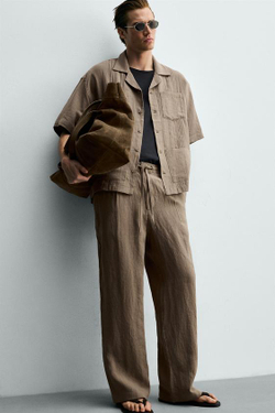 ZARA БРЮКИ СВОБОДНОГО КРОЯ ИЗ 100% ЛЬНА, СЕРО-КОРИЧНЕВЫЙ