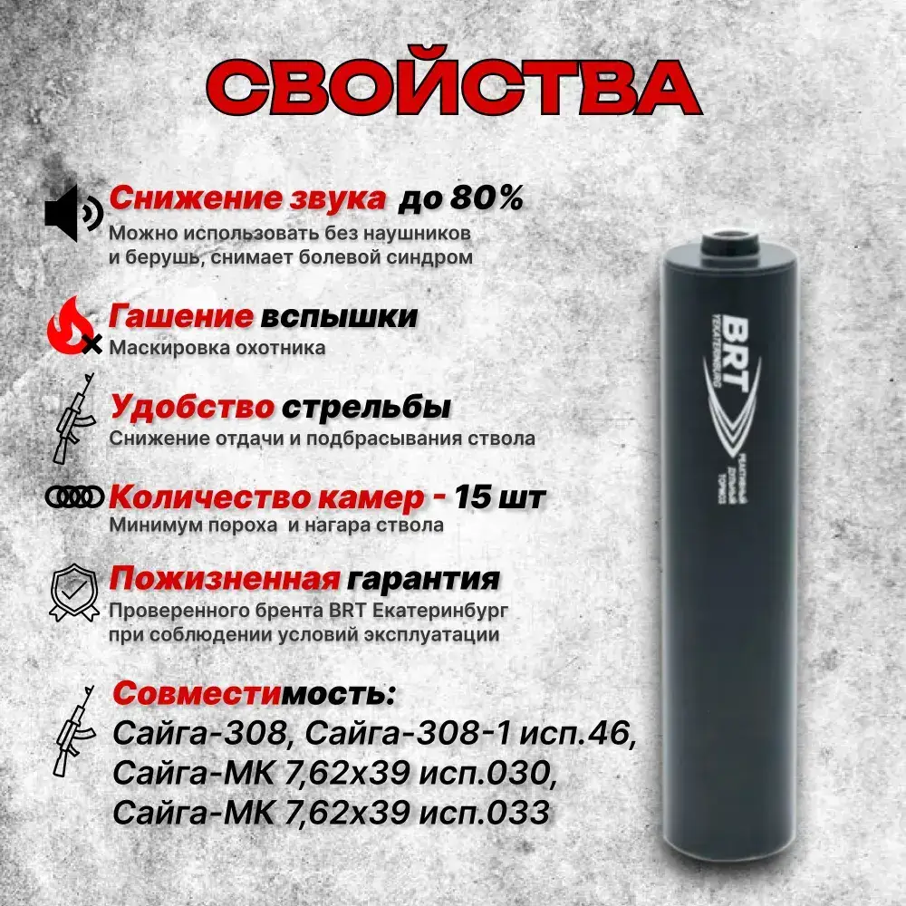 15 камерный ДТКП закрытого типа на Сайга, (.308 Win, 7,62x39, М24x1,5 правая), BRT