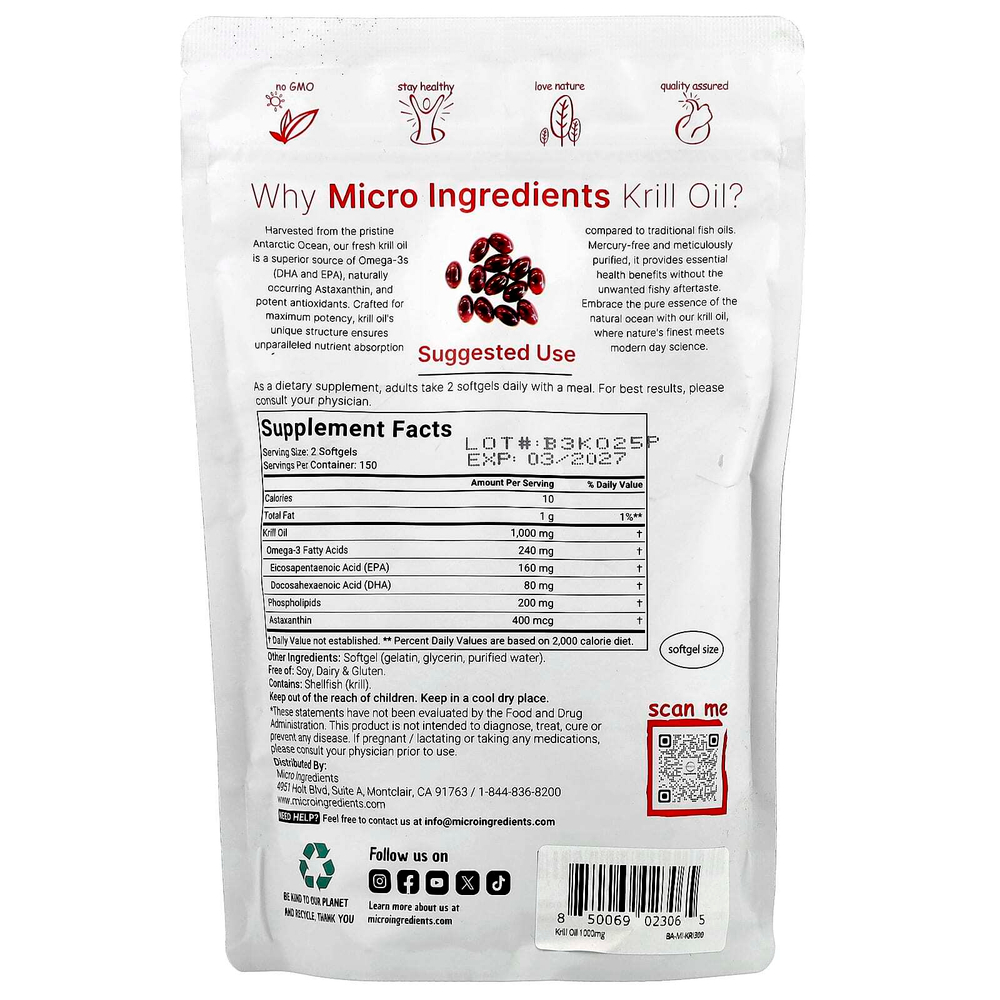 Micro Ingredients, масло антарктического криля, 300 капсул (500 мг в 1 капсуле)