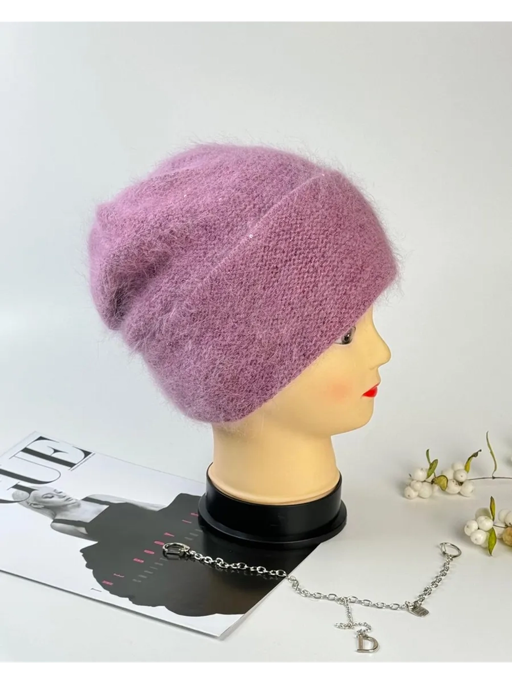 шапка зимняя вязаная ангора с пайетками