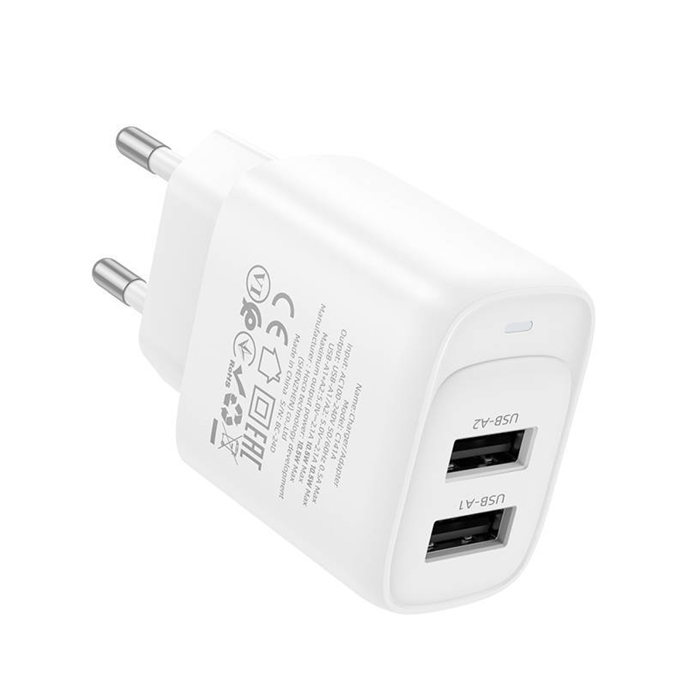 Сетевая зарядка 2-USB 2.4А Hoco C141A Белый