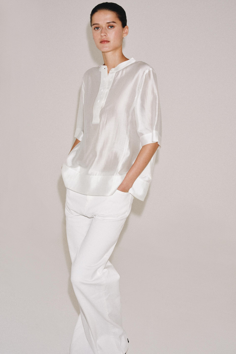ZARA СВОБОДНАЯ БЛУЗА С КОРОТКИМ РУКАВОМ — ZW COLLECTION, БЕЛЫЙ