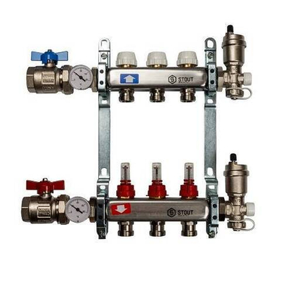 Коллекторная группа для теплого пола STOUT SMS0907 - 1" на 3 контура 3/4"EK (нержавеющая сталь)