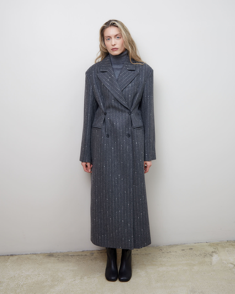 Пальто с дополнительными петлями из шерсти Стелла Маккартни полоска серый