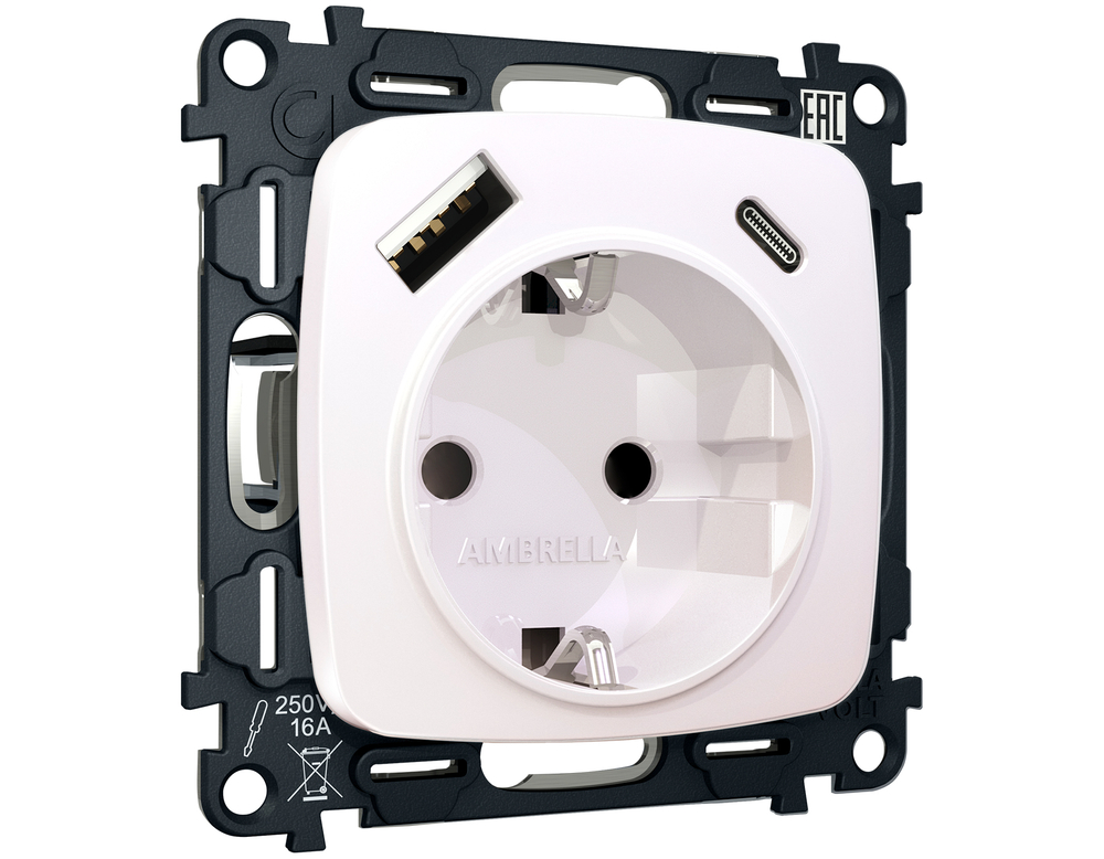 MO210010 Комплект механизма электрической розетки OMEGA Жемчуг 2USB A+C 20W (быстрая зарядка) с/з QUANT (OP2100, VM160)