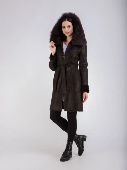 Дубленка женская натуральная с капюшоном длинная Турция