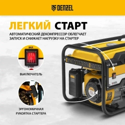 Генератор бензиновый DENZEL PS 33, 3.3 кВт и 212 см3 объем двигателя, 230 В и 15 л объем топливного бака, ручной стартер и блок AVR, 2 розетки 16 А и выход постоянного тока 12 В/USB 5В 946834