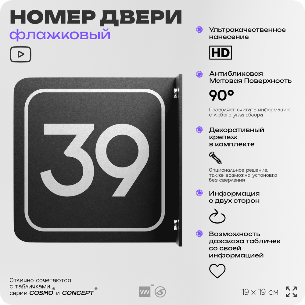 Табличка флажковая с номером 39 на дверь квартиры, для офиса, кабинета, аудитории, склада, черная двустороняя 19х19 см, Айдентика Технолоджи