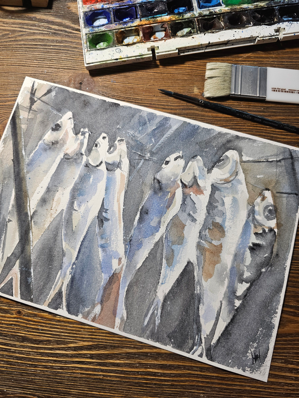 Картина авторская акварельная в паспарту 30х40 см на стену для интерьера "После рыбалки"