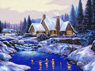 "Зимний домик в лесу"-10383 W канва с рисунком