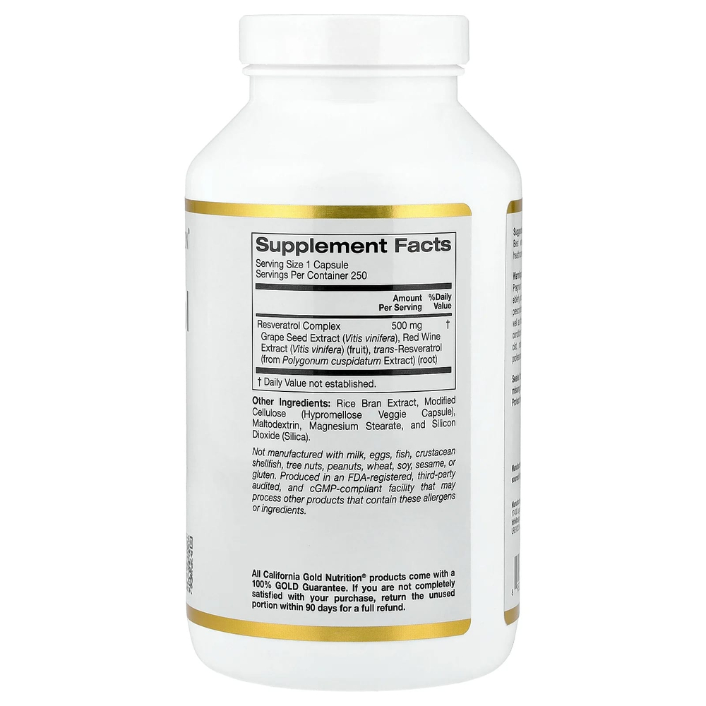 California Gold Nutrition, комплекс ресвератрола с экстрактом виноградных косточек, экстрактом красного вина и транс-ресвератролом, 250 вегетарианских капсул