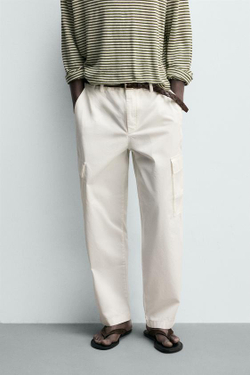 ZARA БРЮКИ КАРГО REGULAR FIT, ЖЕЛТОВАТО-БЕЛЫЙ