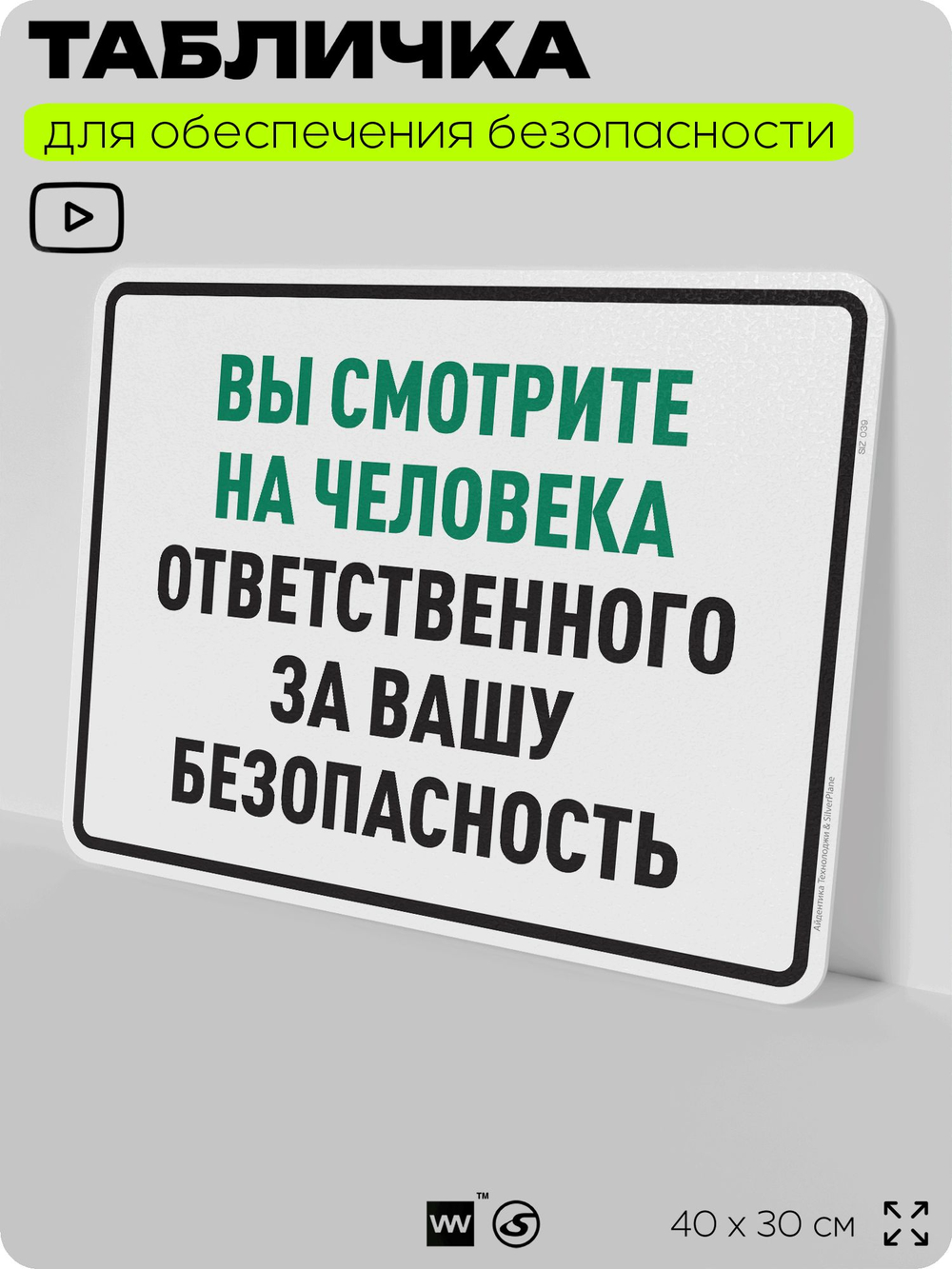 Табличка для обеспечения безопасности "Вы смотрите на человека ответственного за вашу безопасность", для производства, предприятия, организаций, 40х30 см, Silver Plane x Айдентика Технолоджи