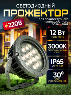 Прожектор для архитектурного и ландшафтного освещения 220V 12W 3000К теплый белый, угол 30 градусов