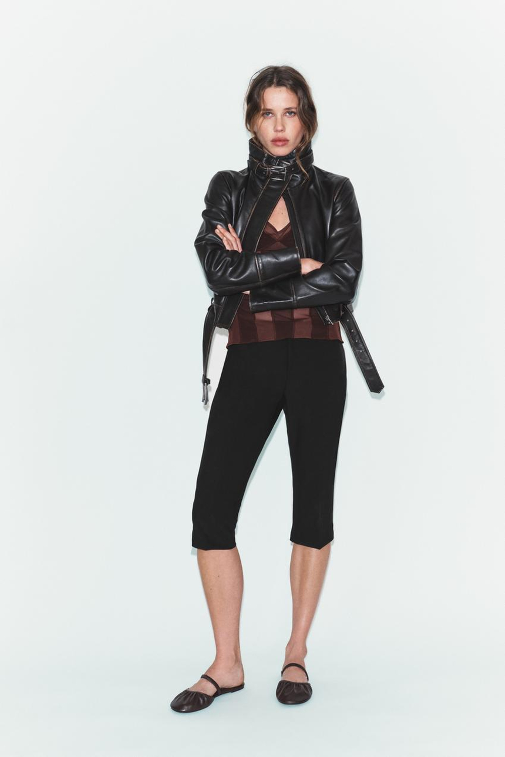 ZARA КОЖАНЫЕ БАЛЕТКИ-МЮЛИ, КОРИЧНЕВЫЙ