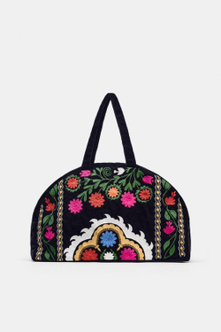 ZARA ДОРОЖНАЯ БАРХАТНАЯ СУМКА С ВЫШИВКОЙ, ЧЕРНЫЙ