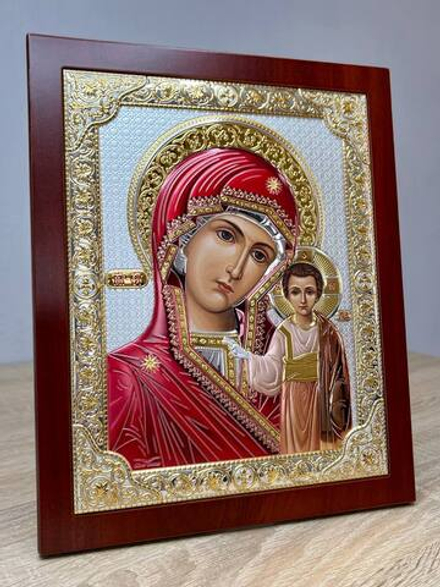 Казанская БМ, икона прямоугольная с рамкой, красное дерево, эмаль 210х260