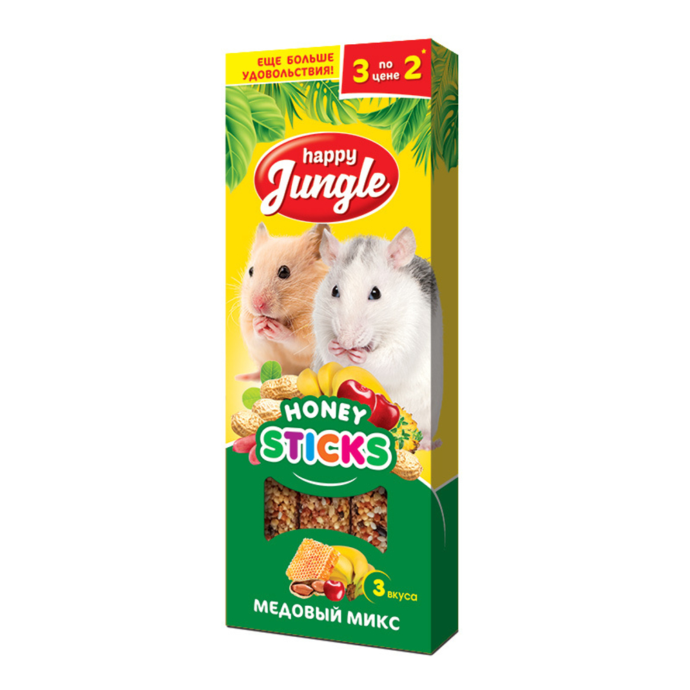 HAPPY JUNGLE Палочки для мелких грызунов Медовый микс (3шт), 90 г