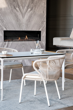 "Малага" обеденная группа на 4 персоны со стульями "Милан", каркас белый, роуп бежевый