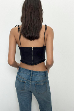 ZARA КРОП-ТОП-КОРСЕТ ИЗ ПОПЛИНА, ЧЕРНЫЙ