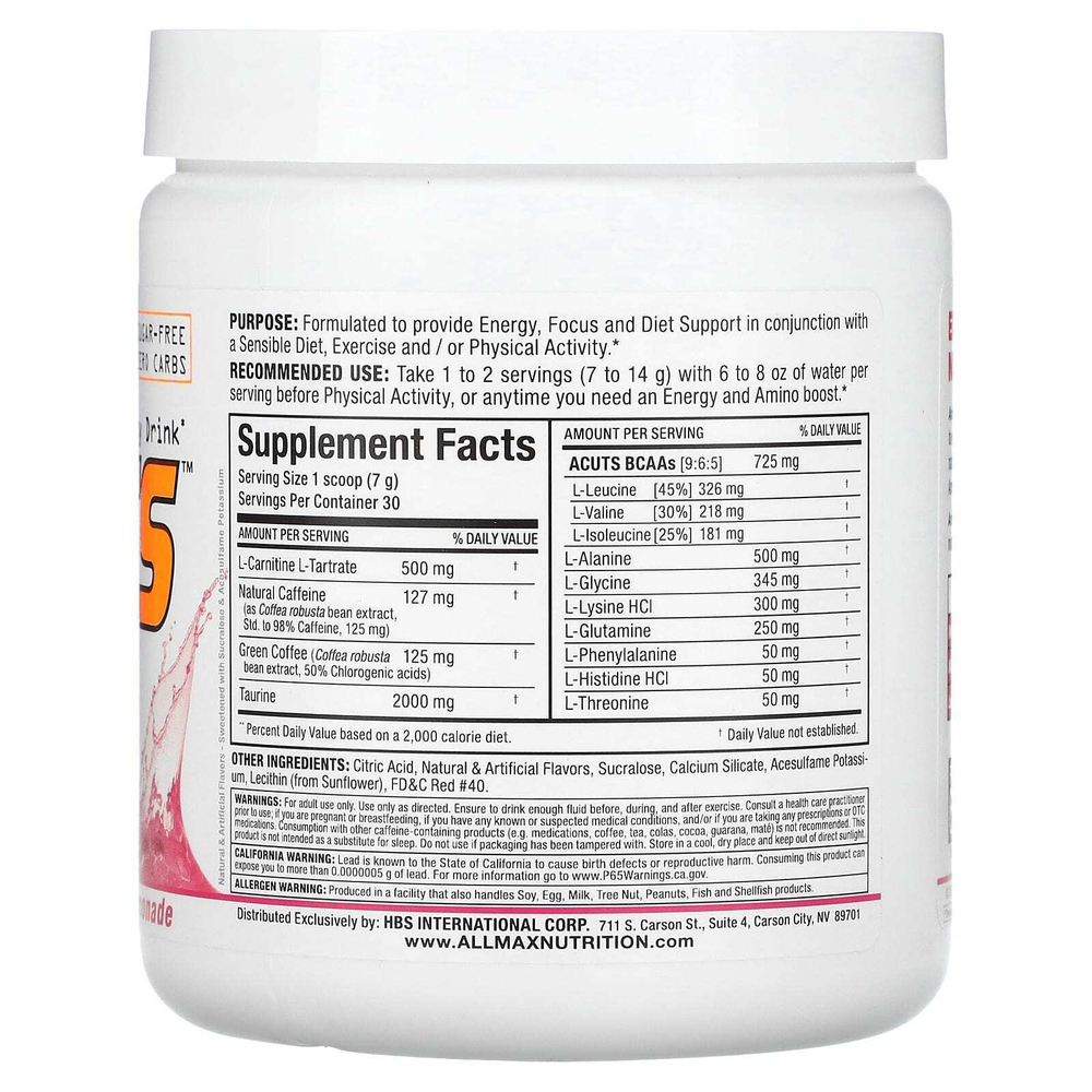 ALLMAX, ACUTS™, энергетический напиток с аминокислотами, со вкусом розового лимонада, 210 г (7,4 унции)