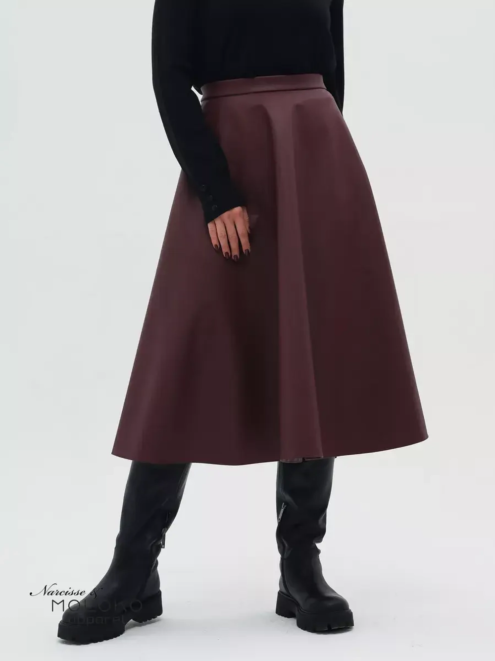 Юбка кожаная миди трапеция