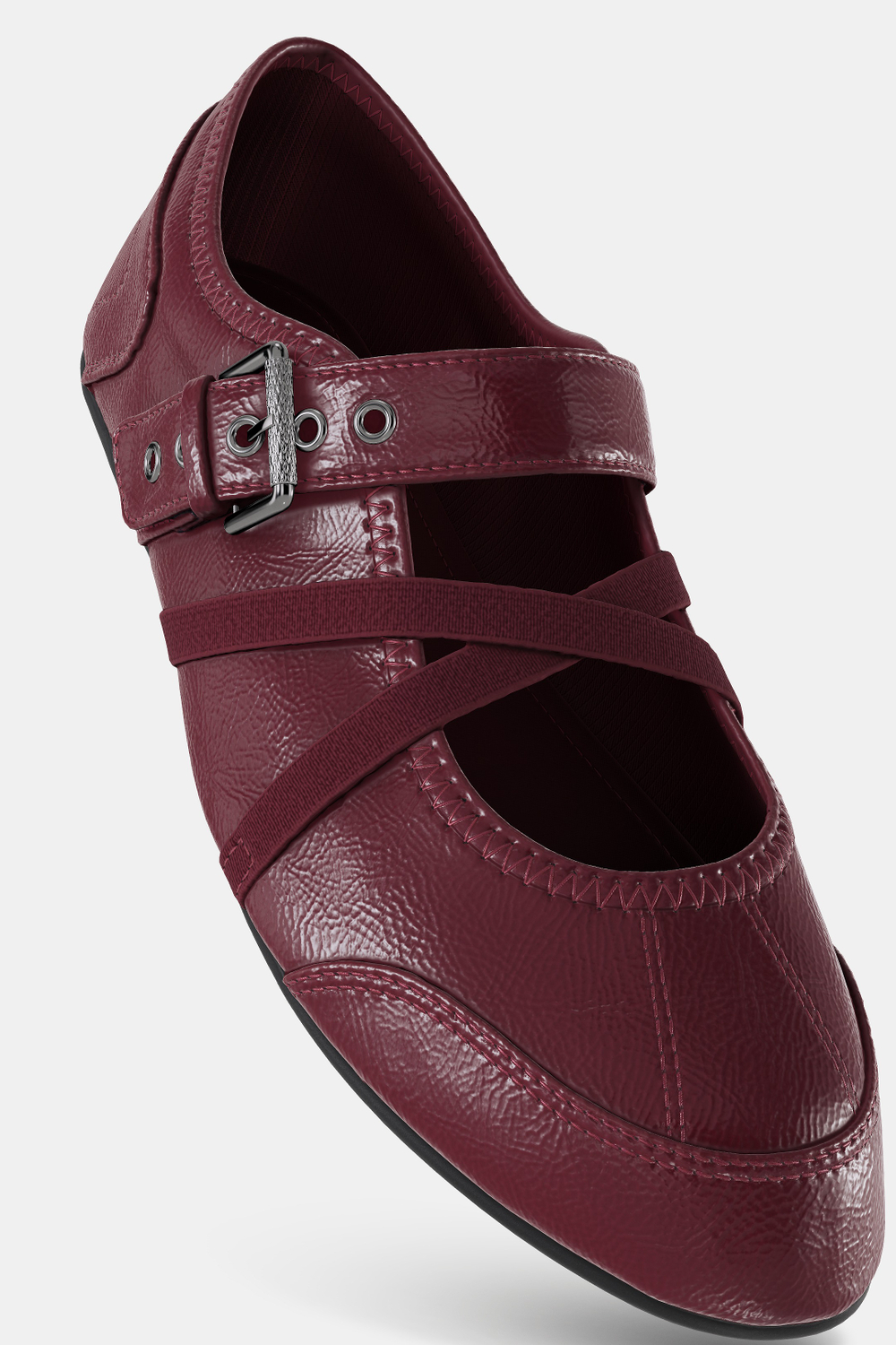 ZARA БАЛЕТКИ ИЗ ЛАКИРОВАННОЙ ИСКУССТВЕННОЙ КОЖИ С ПРЯЖКАМИ, БУРГУНДИ