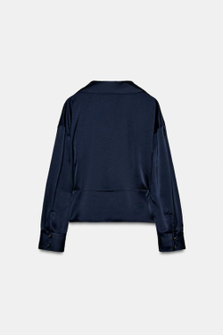 ZARA АТЛАСНАЯ БЛУЗКА С ТОНКИМ ПОЯСОМ, МОРСКОЙ СИНИЙ